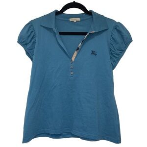 Burberry Vintage Turquoise Blue Teal Puff Sleeve Collared Polo Y2K Size Small